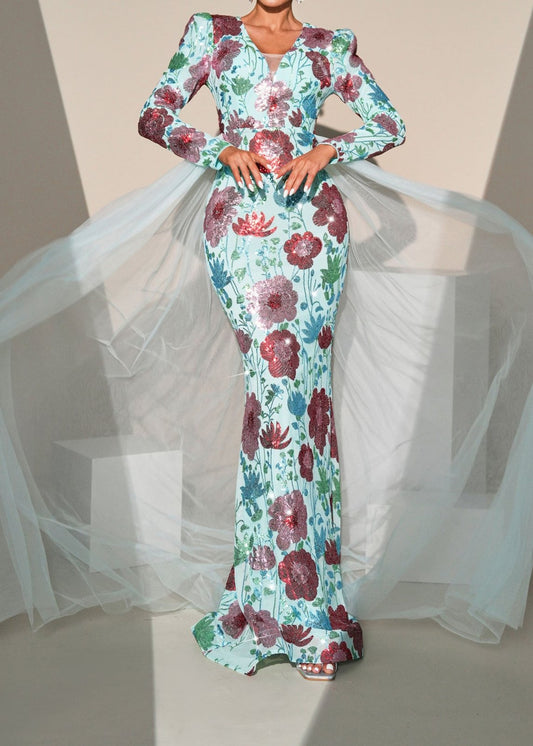 Kadience Long Sleeve Floral Print Sequin Maxi Dress In Green