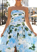 Isograph Strapless Ruched Floral Puff Maxi Dress In White Pink