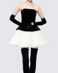 Renaud Strapless Corset Floral A Line Velvet Mini Dress In Black White