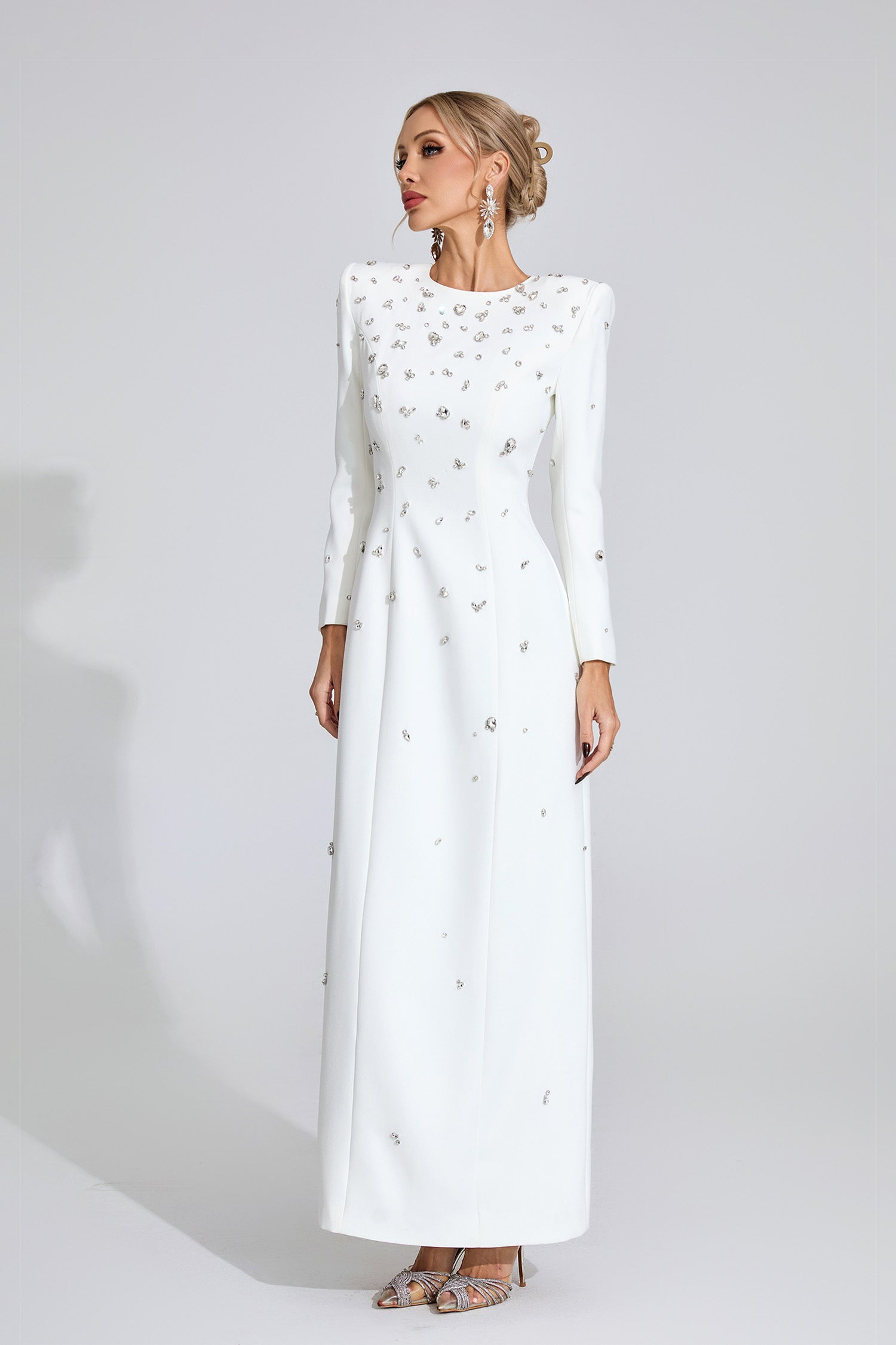 Bethel Long Sleeve Crystal A Line Maxi Dress In White