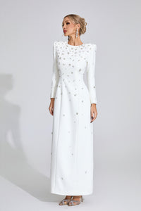 Bethel Long Sleeve Crystal A Line Maxi Dress In White