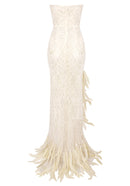 Daviel Strapless Crystal Sequin Feather Maxi Dress In Ivory