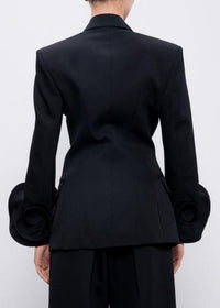 Pomeline Double-Breasted Wool Jacket With Floral Appliqué In Black