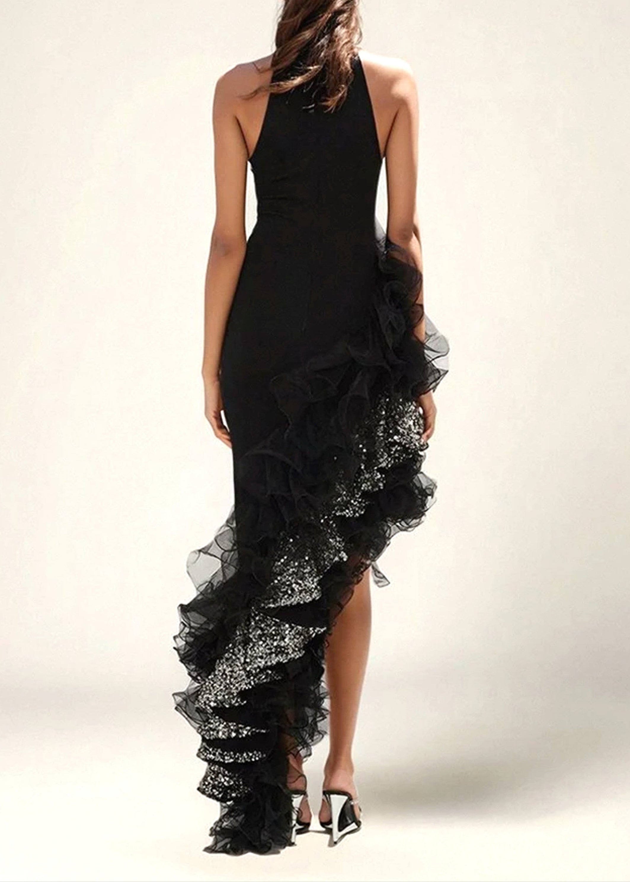 Haelin Sequin Ruffle Maxi Dress In Black