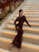 Ramesh Long Sleeve Mesh Insert Draped Maxi Dress In Brown