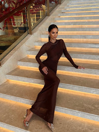 Ramesh Long Sleeve Mesh Insert Draped Maxi Dress In Brown