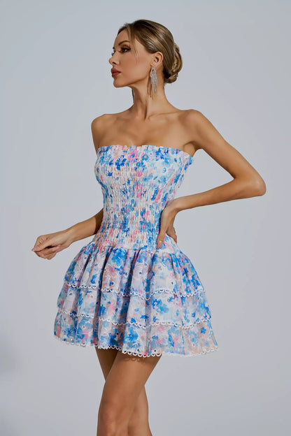 Fritia Floral Ruched Strapless Mini Dress In Blue