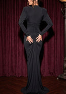 Jalynne Long Sleeve Crystal Front Draped Maxi Dress