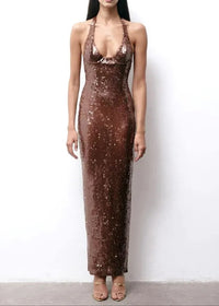 Uryxan Halter Sequin Bustier Maxi Dress In Brown