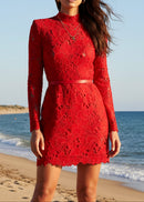 Geyera Long Sleeve Crochet Mini Dress In Red