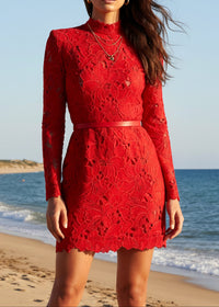 Geyera Long Sleeve Crochet Mini Dress In Red