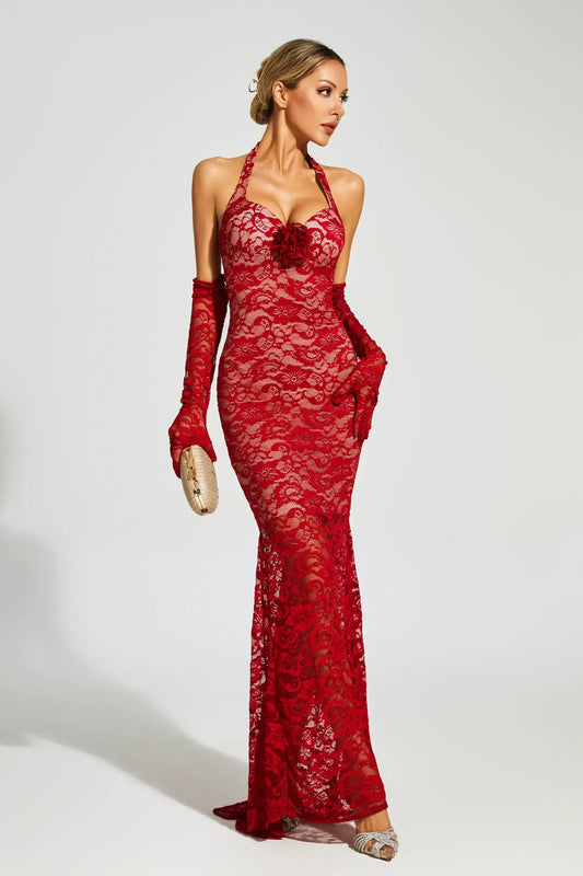 Denali Lace Mesh Maxi Dress In Wine Red