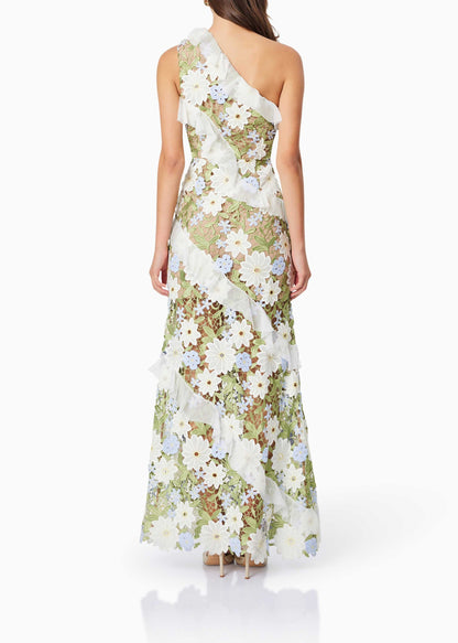 Phylo Floral One Shoulder Lace Maxi Dress In Green