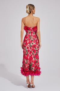 Chasity 3D Flower Embroidery Strapless Midi Dress In Rose Red