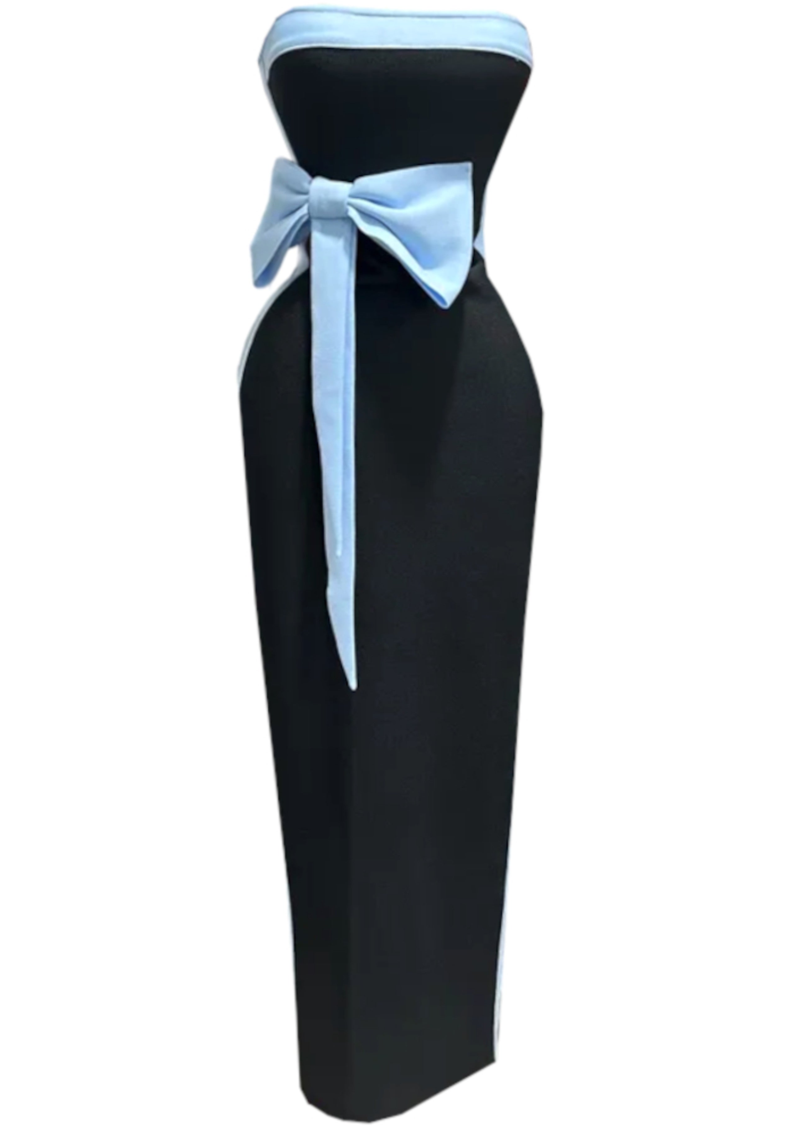 Rawiya Strapless Bow Detail Maxi Dress In Black Blue