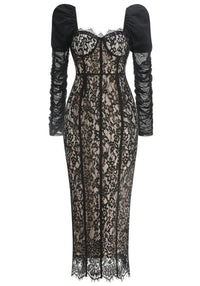 Farhad Puff Long Sleeve Lace Maxi Dress In Black