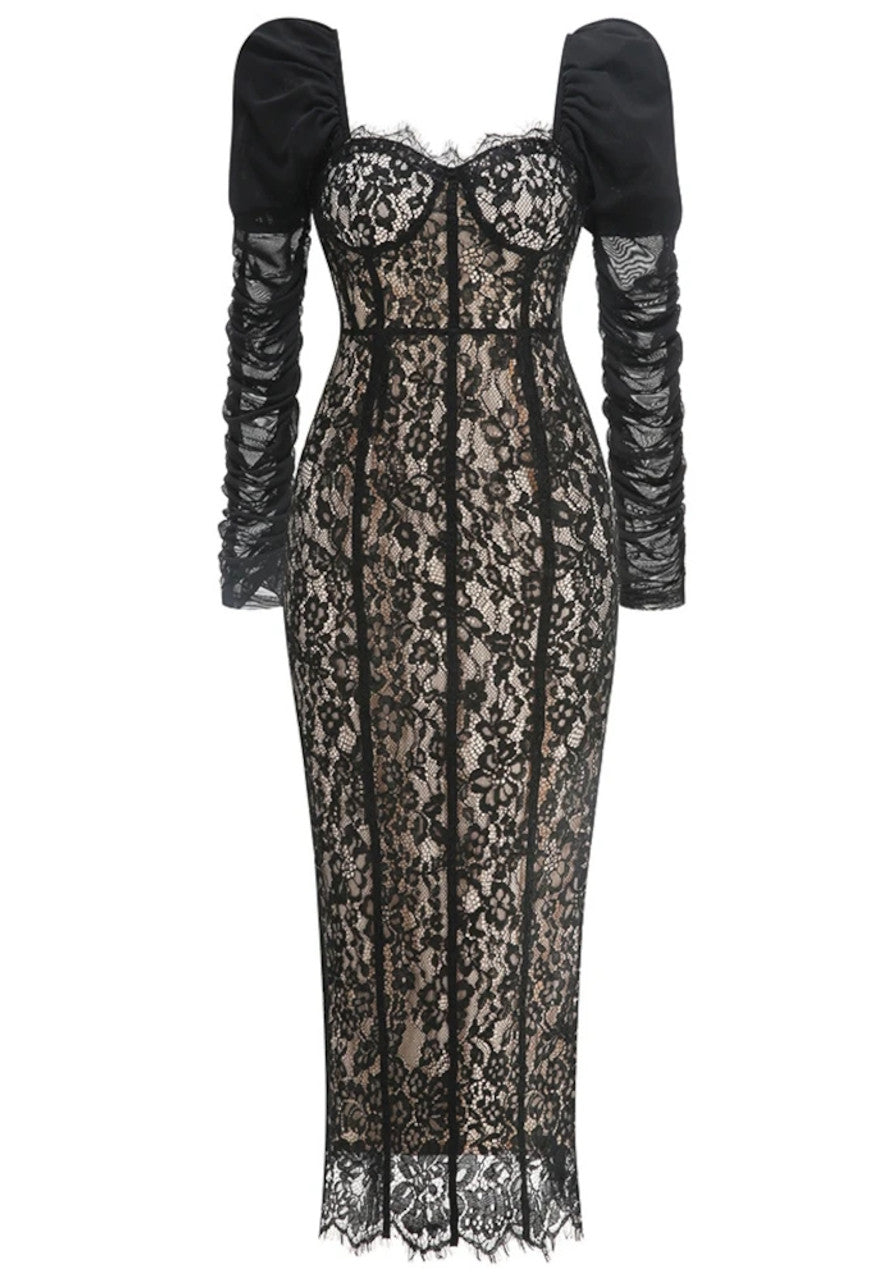 Farhad Puff Long Sleeve Lace Maxi Dress In Black