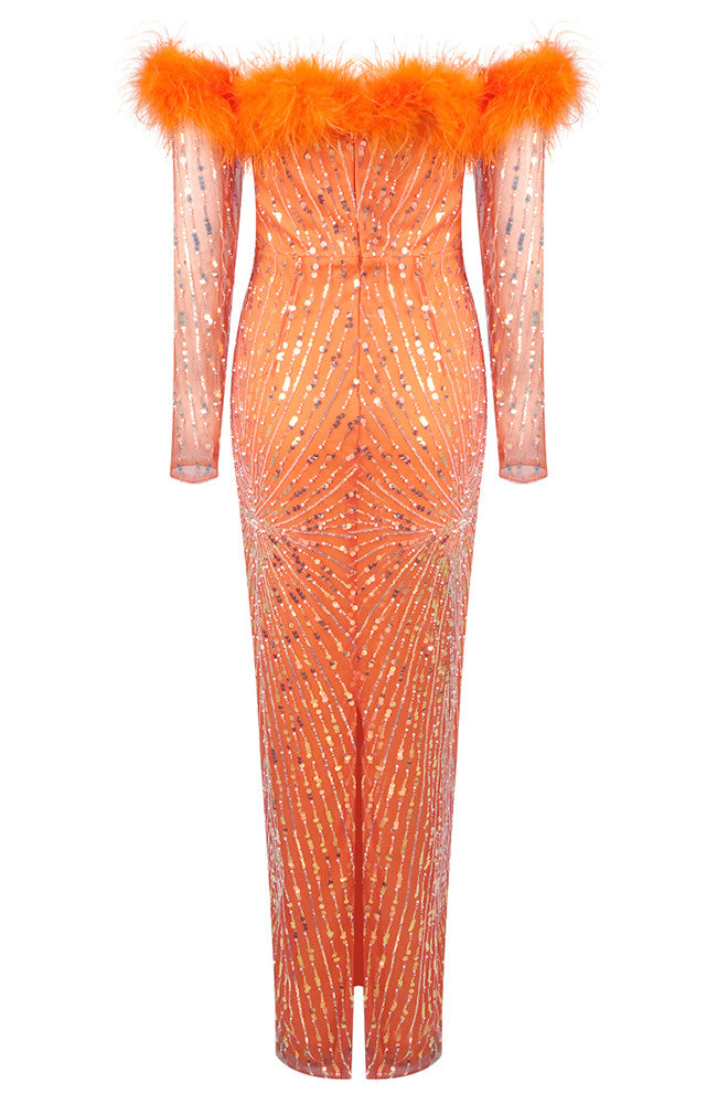 Edaline Long Sleeve Feather Bardot Sequin Maxi Dress In Orange