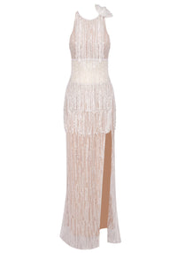 Tatyanah Crystal Tassel Maxi Dress In Nude