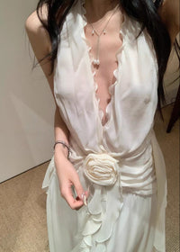 Cyvrix Floral Ruffle Halter Maxi Dress In White