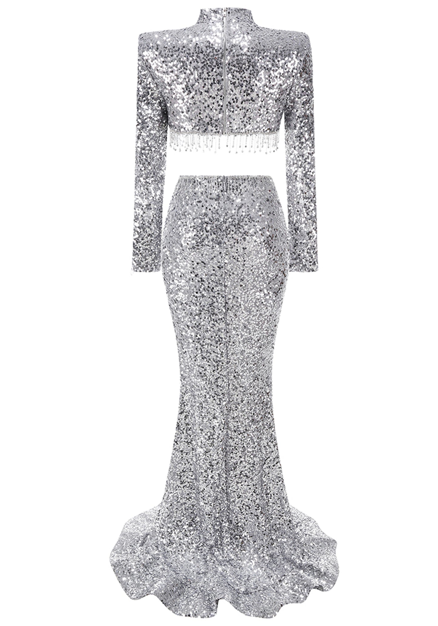 Ichirou Long Sleeve Crystal Sequin Two Piece Maxi Dress In Silver