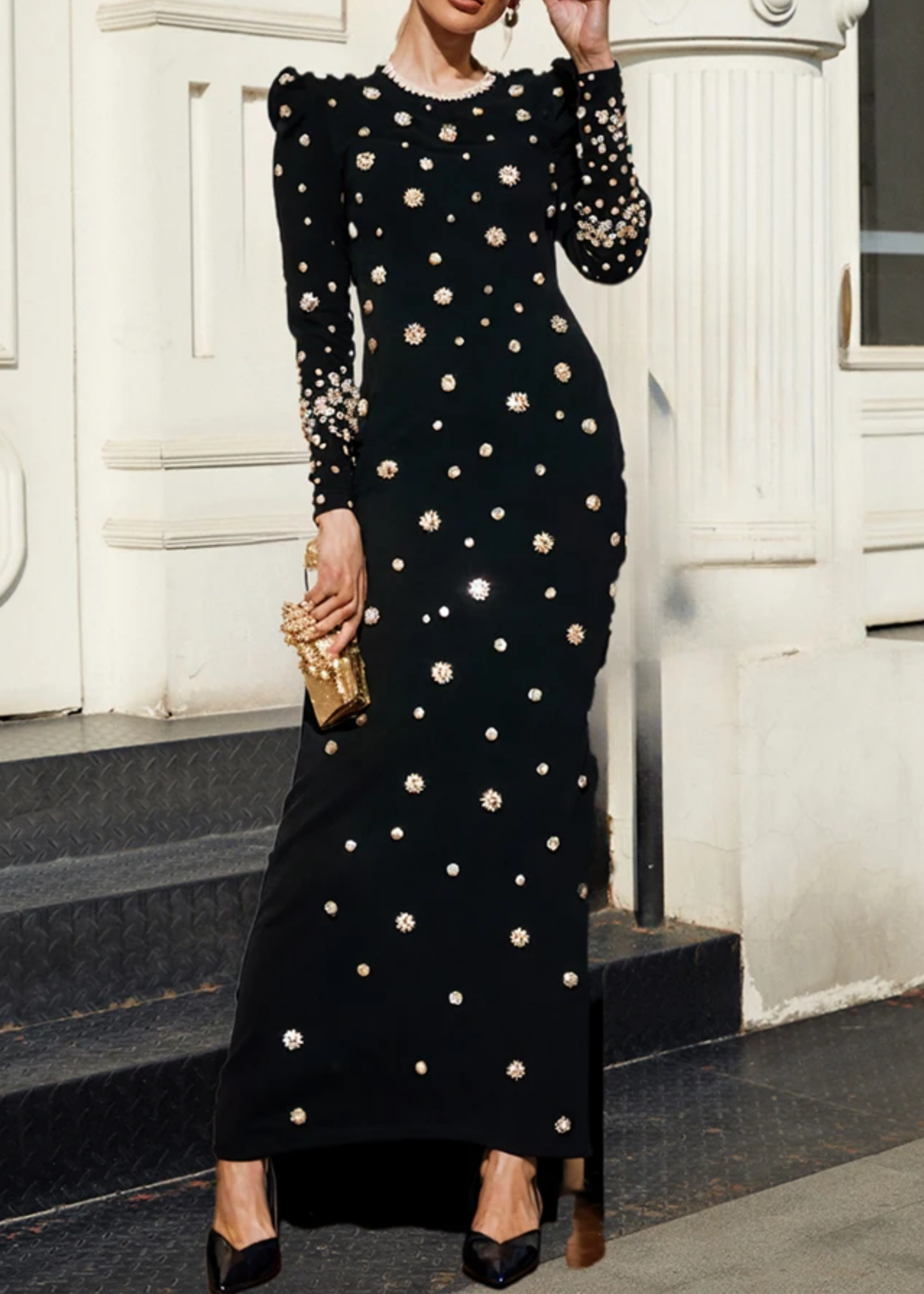 Agrafena Crystal Embellished Maxi Dress In Black