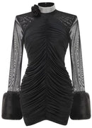 Aevorix Long Sleeve Fur Floral Mini Dress In Black