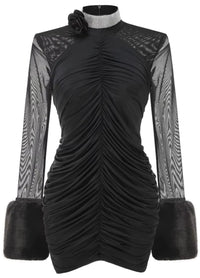 Aevorix Long Sleeve Fur Floral Mini Dress In Black