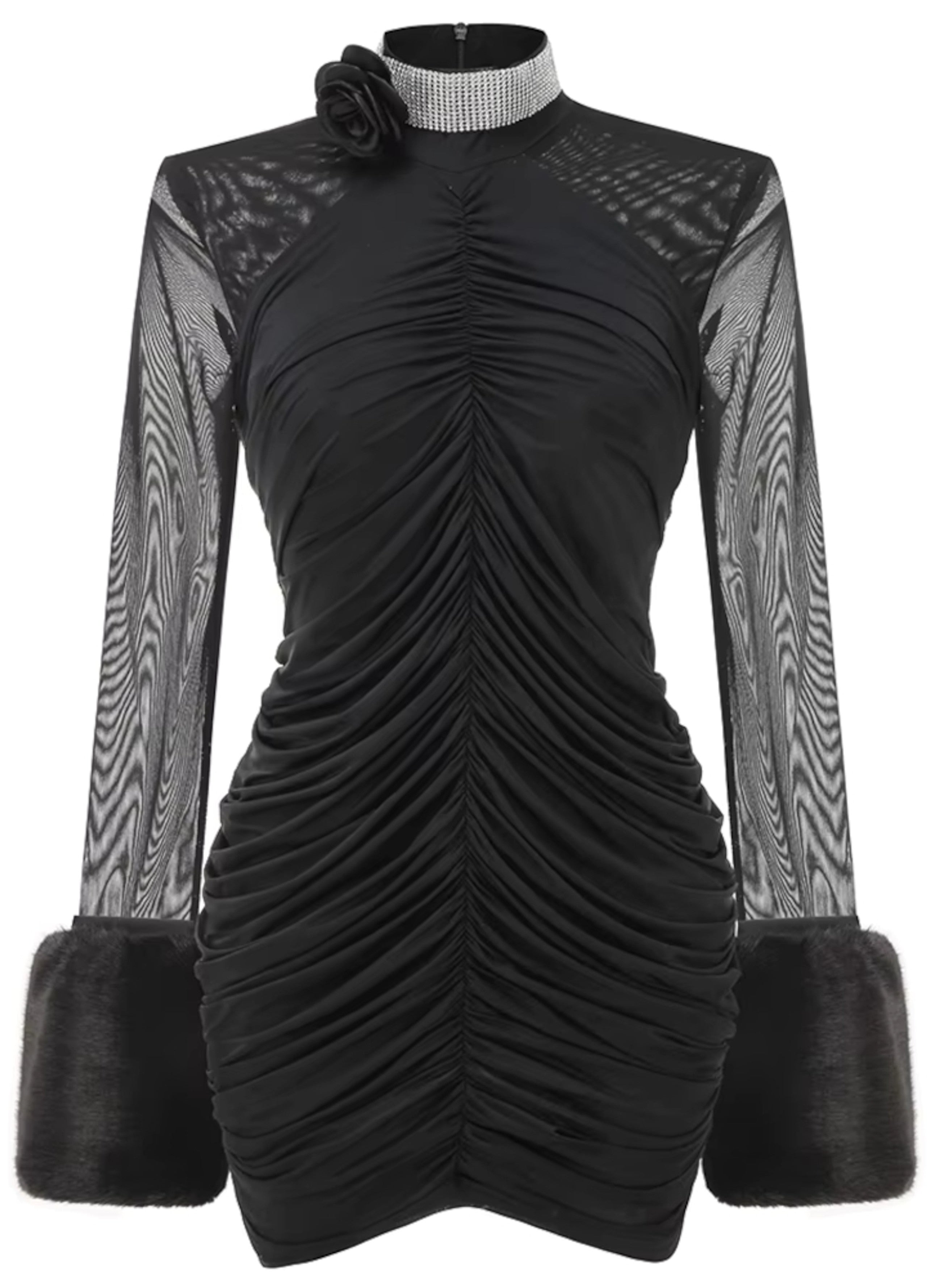 Aevorix Long Sleeve Fur Floral Mini Dress In Black