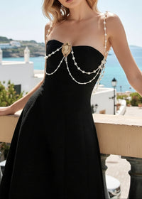 Ashur Pearl Detail A Line Midi Dress In Black