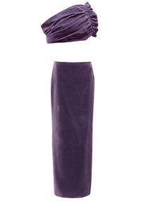 Navarra Draped Bardot Two Piece Maxi Velvet Dress In Purple