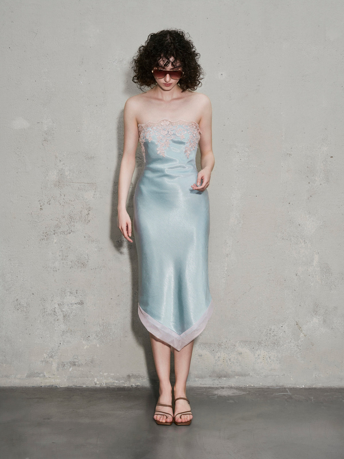 Gravenk Lace-Paneled Satin Midi Dress In Mint Blue