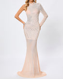 Harini One Sleeve Embellished Mesh Maxi Dress In Nude