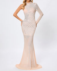 Harini One Sleeve Embellished Mesh Maxi Dress In Nude