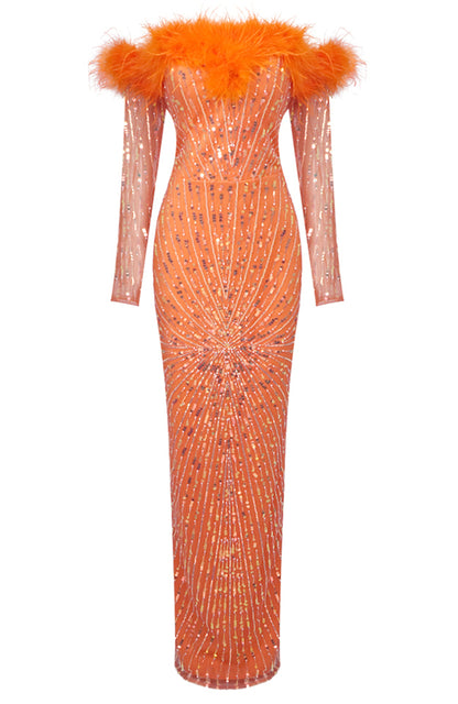 Edaline Long Sleeve Feather Bardot Sequin Maxi Dress In Orange