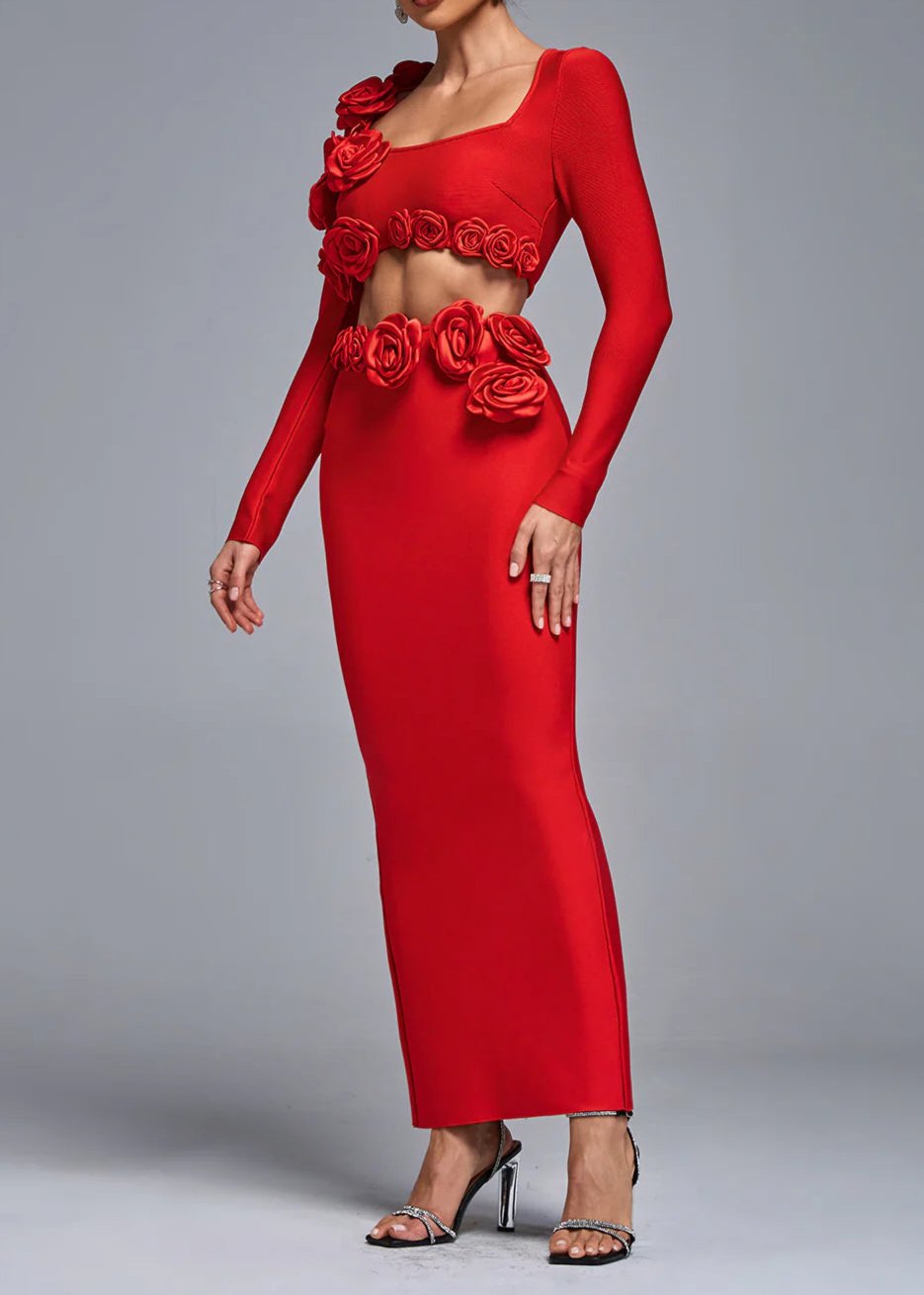 Dellis Flower Bandage Skirt Set In Red