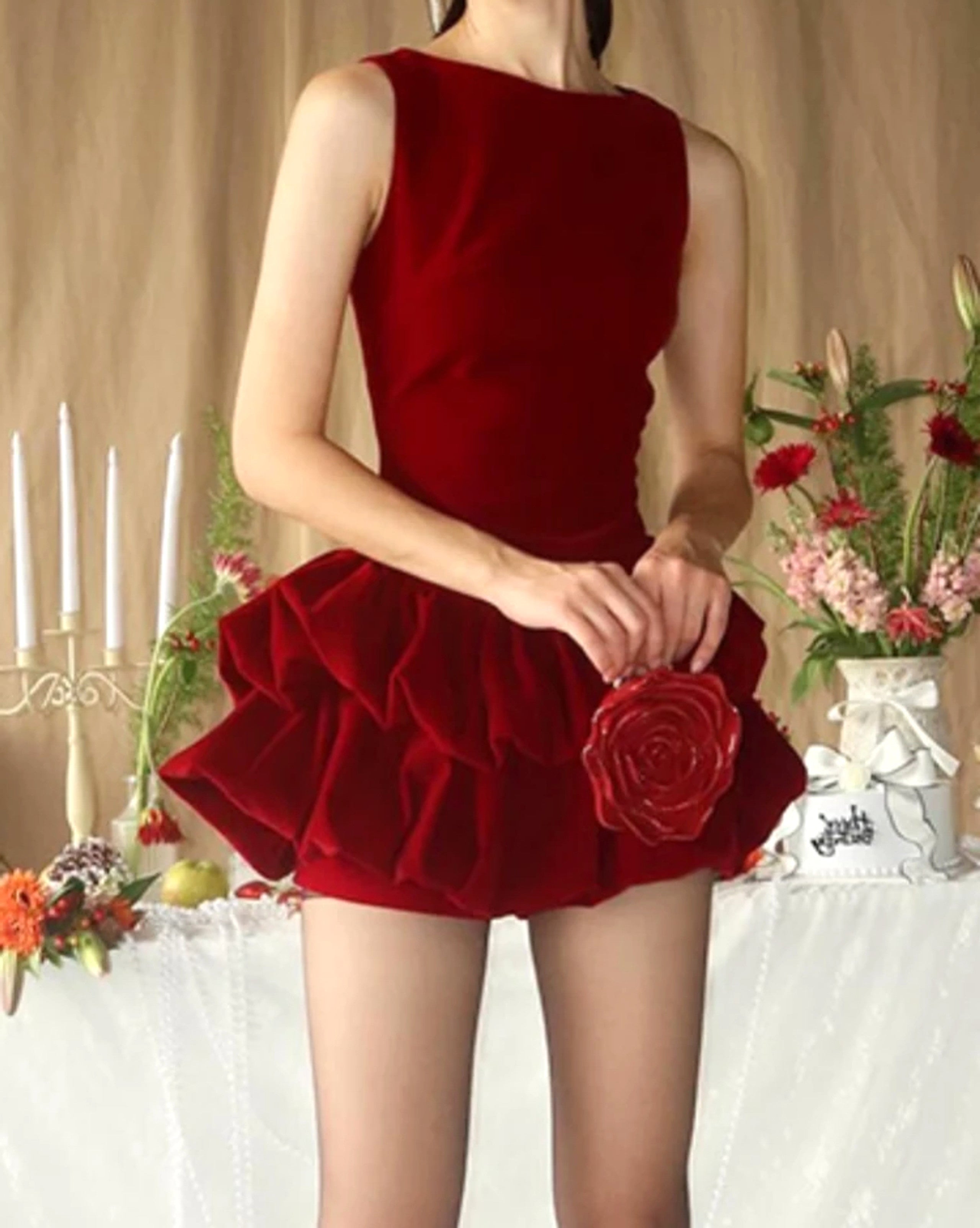 Aidric Puff Detail Velvet Mini Dress In Red