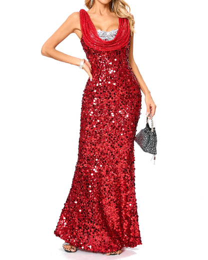 Cambrie Draped Sequin Maxi Dress In Red Silver