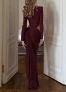 Gneissa Long Sleeve Cutout Draped Maxi Dress In Wine Red