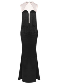 Wendy Mesh Insert Tassel Bustier Maxi Dress In Black