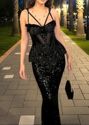 Limon Floral Sequin Bustier Maxi Dress In Black