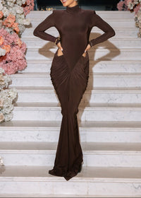 Gneissa Long Sleeve Cutout Draped Maxi Dress In Brown