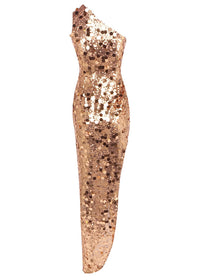 Celena One Shoulder Sequin Asymmetric Maxi Dress In Gold