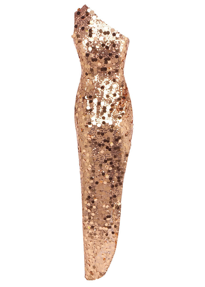 Celena One Shoulder Sequin Asymmetric Maxi Dress In Gold