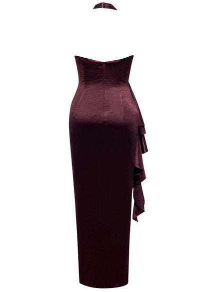 Lucille Ruched Halter Backless Maxi Dress In Brown