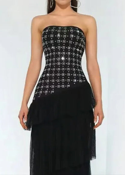 Syvanna Strapless Crystal Ruffle Maxi Dress In Black