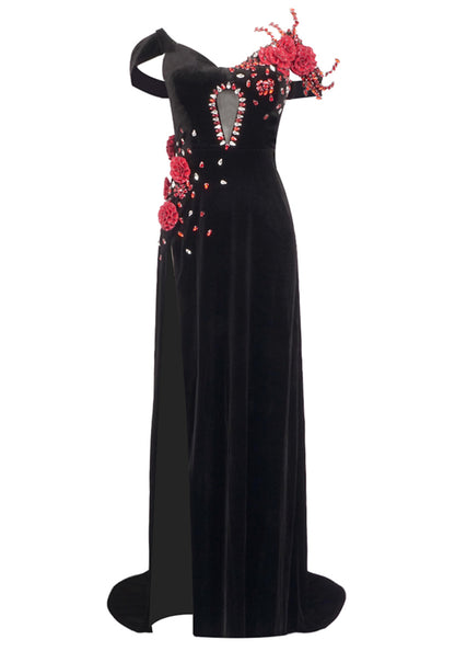 Khan Floral Crystal Bardot Maxi Velvet Dress In Black