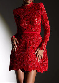 Geyera Long Sleeve Crochet Mini Dress In Red