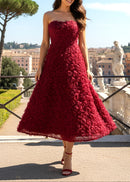 Ionocraft Strapless Floral A Line Midi Dress In Red