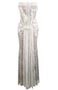 Kexar Strapless Pearl Sequin Lace Corset Maxi Dress In White